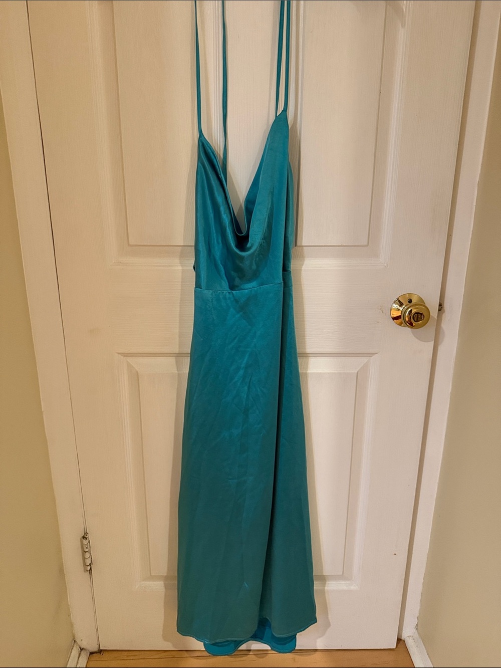 Lulu's Teal Satin Cowl-Neck Maxi Dress with Spaghetti Straps